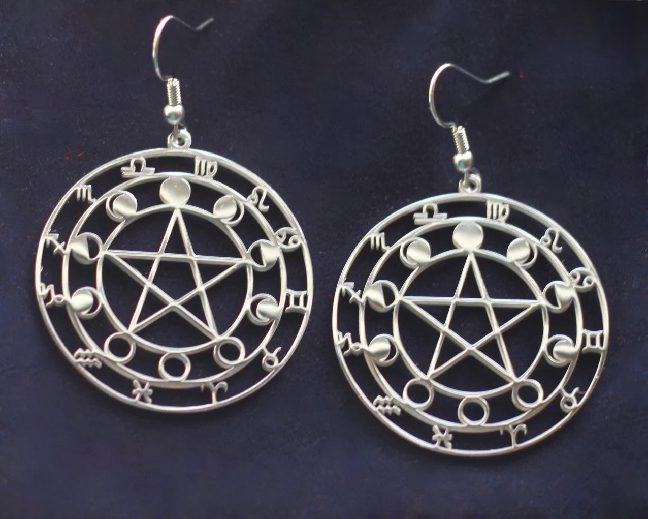 Moon Phase Pentagram Earrings with Gift Pouch, Silver Stainless Steel