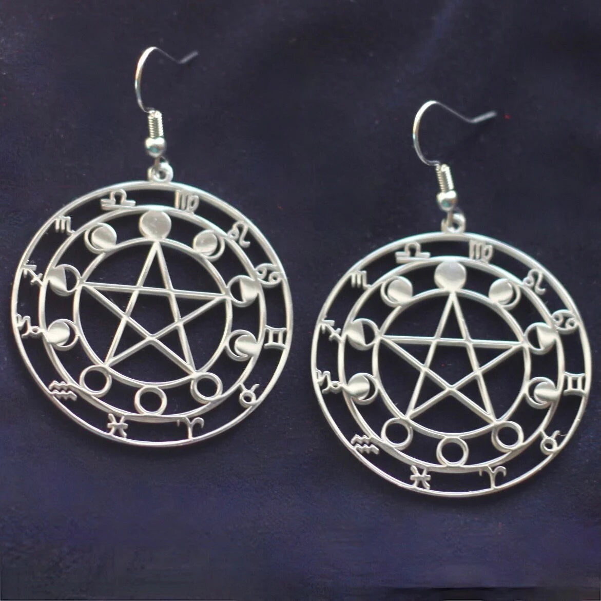 Moon Phase Pentagram Earrings with Gift Pouch, Silver Stainless Steel