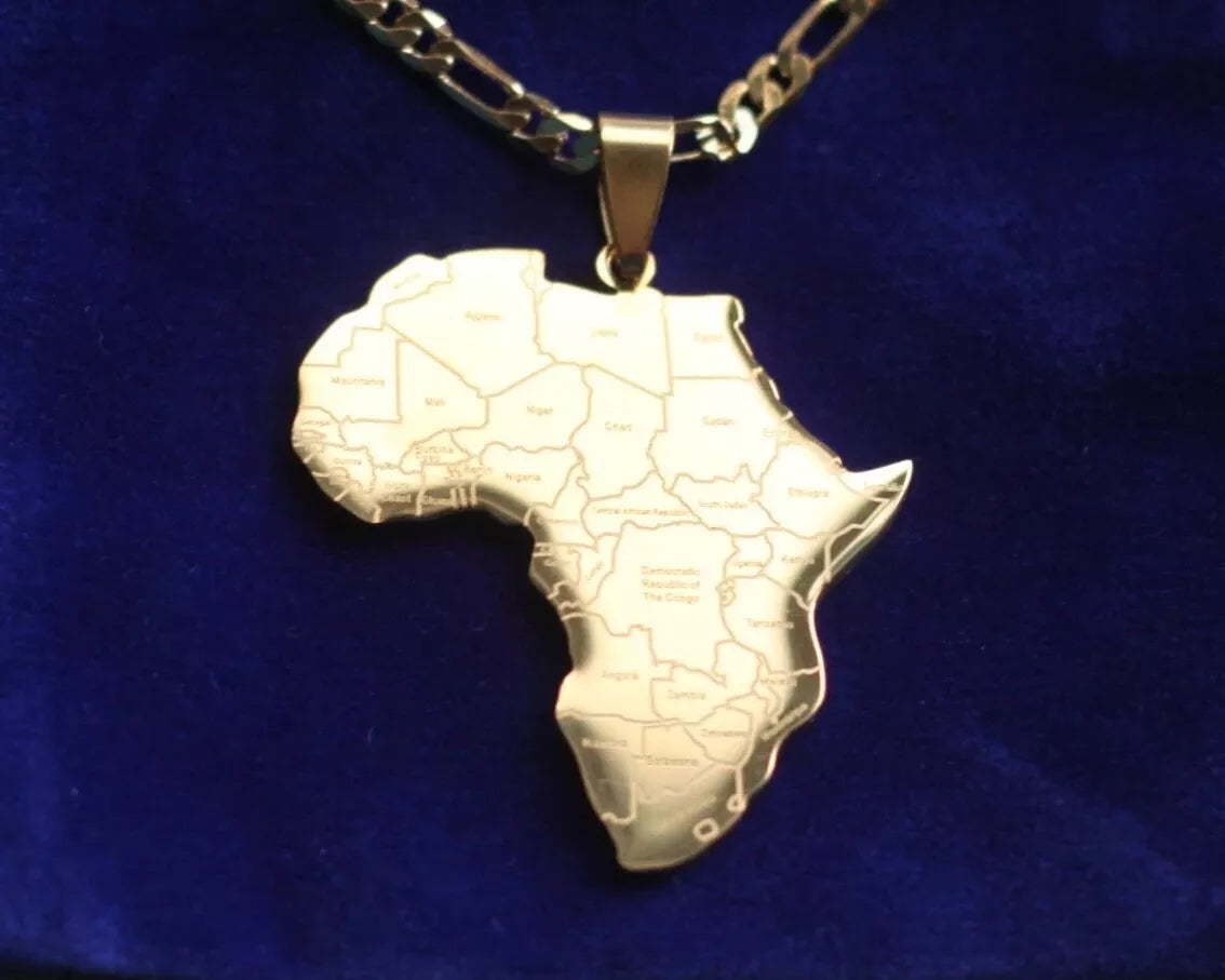 Africa Map Pendant Necklace with Gift Pouch, Gold Stainless Steel