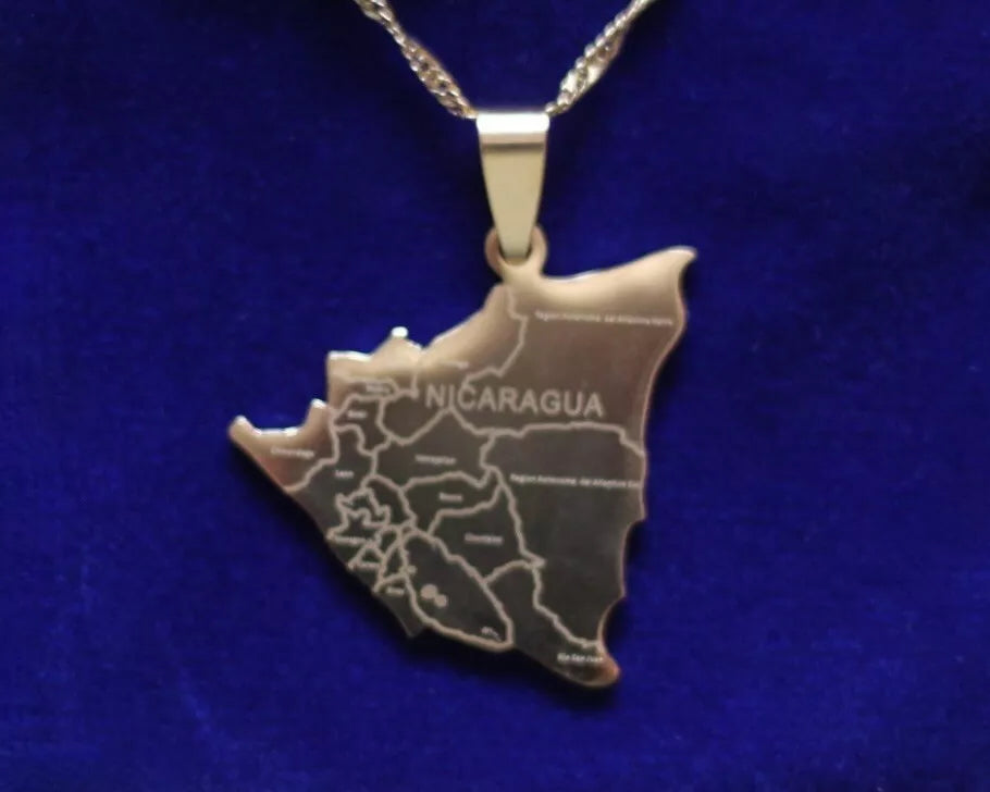 Nicaragua Map Pendant Necklace with Gift Pouch, Gold Stainless Steel