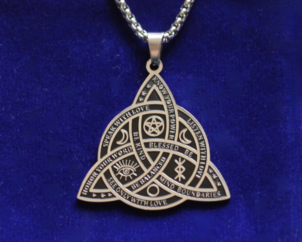 Pentagram Sun Moon Blessed Be Triquetra Pendant Necklace with Gift Pouch