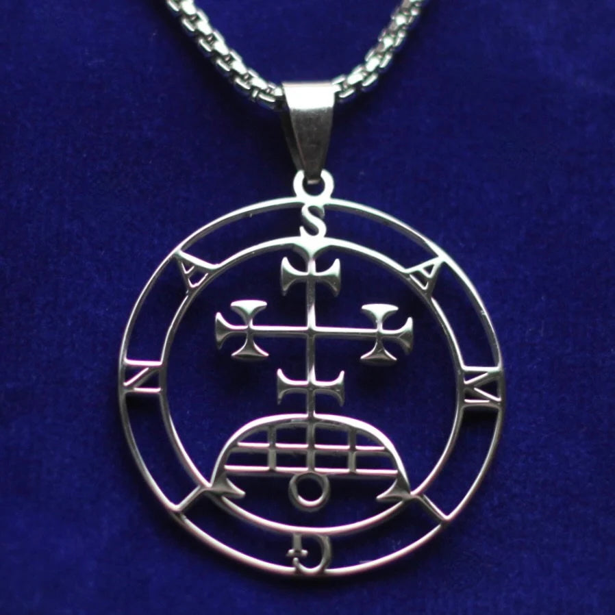 Samigina Sigil Pendant Necklace, Silver Stainless Steel, Lesser Key of Solomon