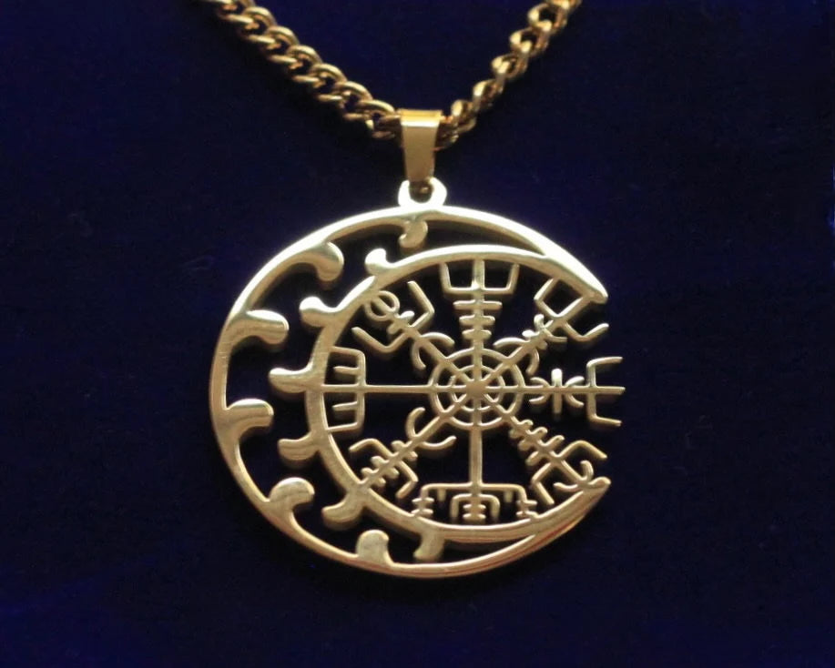 Vegvisir Moon Pendant Necklace with Gift Pouch, Gold Stainless Steel