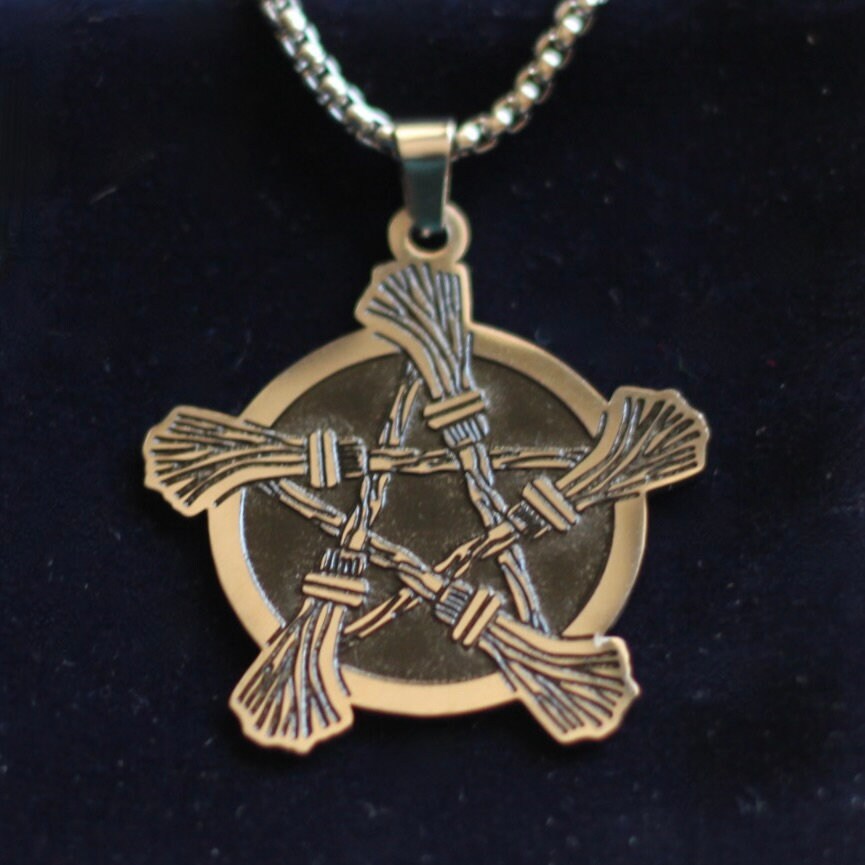 Witch Broomstick Pentagram Pendant Necklace with Gift Pouch
