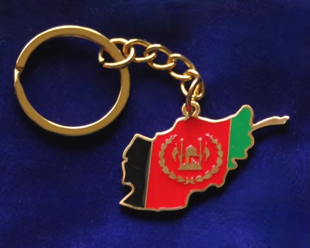 Afghanistan Flag Map Keyring with Gift Pouch, Enamelled Gold Stainless Steel Keychain