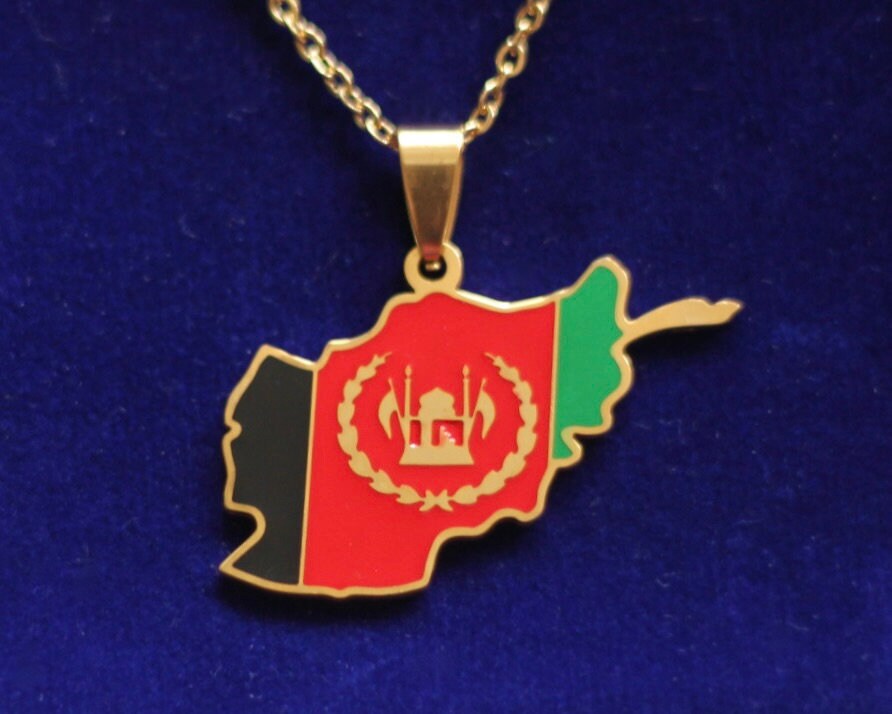 Afghanistan Pendant Necklace with Gift Pouch, Gold Stainless Steel