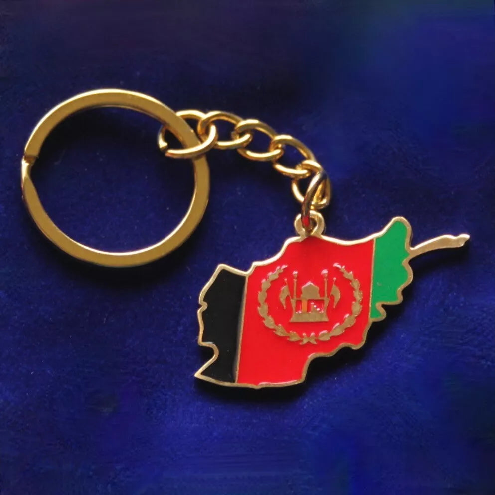 Afghanistan Flag Map Keyring with Gift Pouch, Enamelled Gold Stainless Steel Keychain