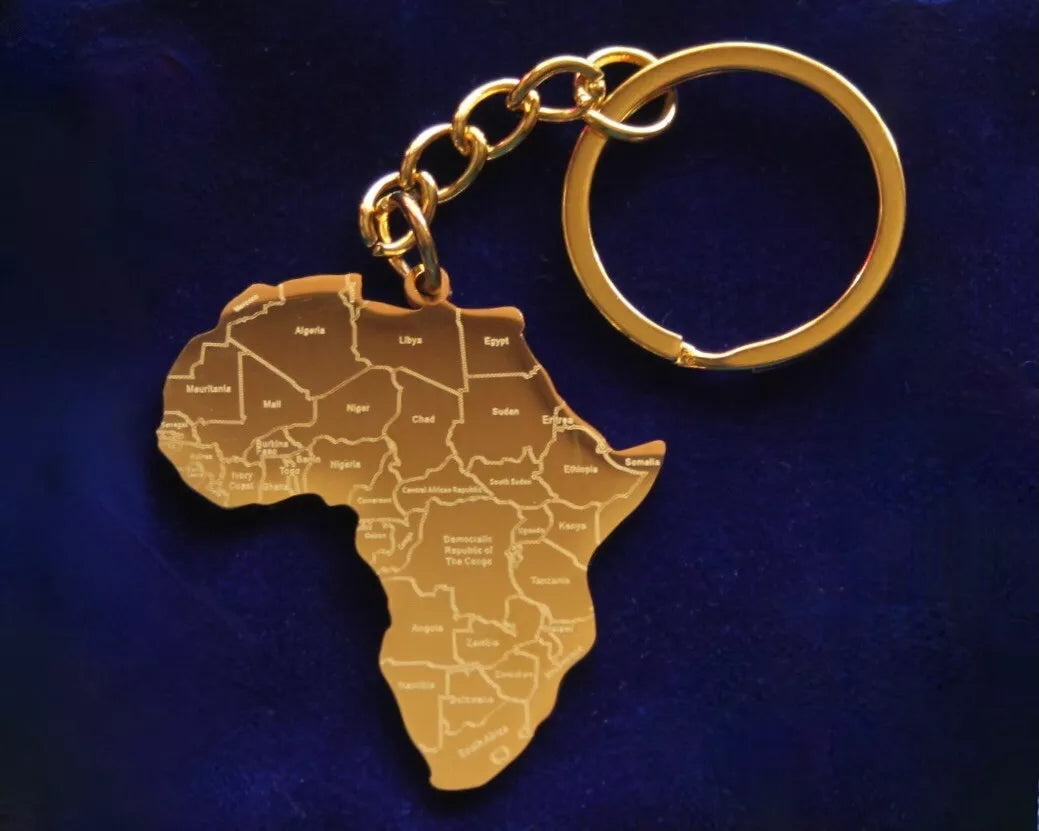 Africa Map Keyring with Gift Pouch, Gold Stainless Steel Keychain