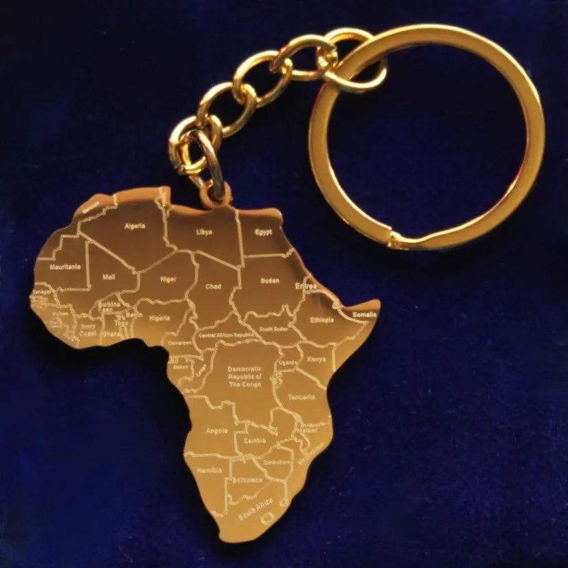 Africa Map Keyring with Gift Pouch, Gold Stainless Steel Keychain