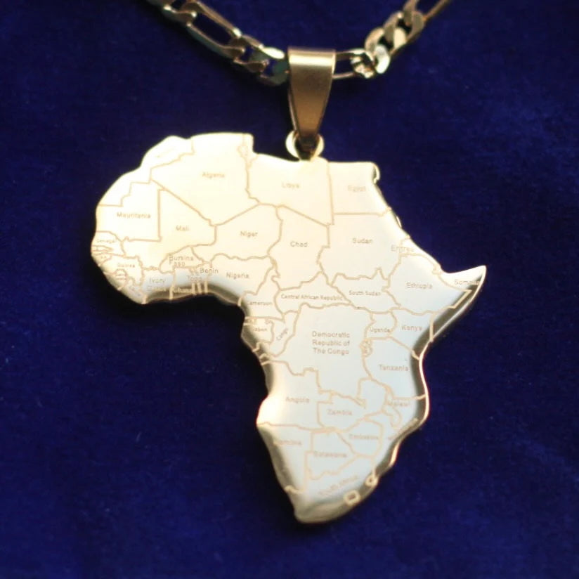 Africa Map Pendant Necklace with Gift Pouch, Gold Stainless Steel