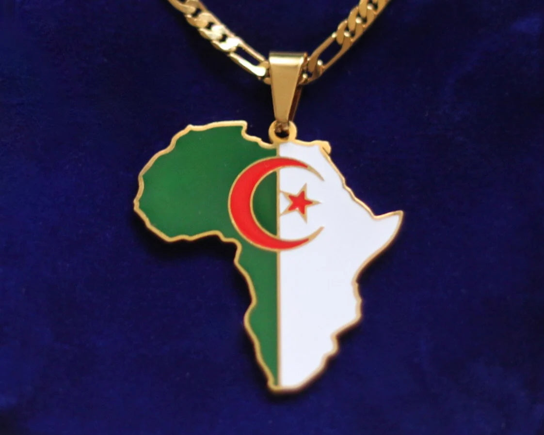 Algeria Flag Pendant Necklace with Gift Pouch, Africa Map Gold Stainless Steel
