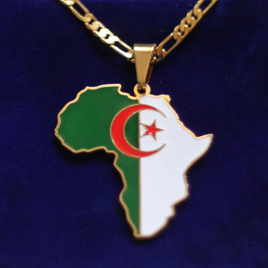 Algeria Flag Pendant Necklace with Gift Pouch, Africa Map Gold Stainless Steel