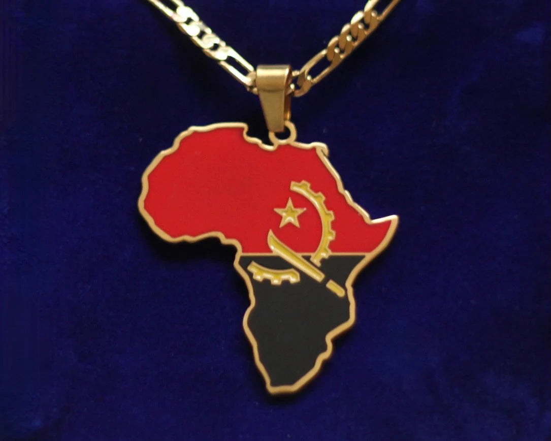 Angola Flag Pendant Necklace with Gift Pouch, Africa Map Gold Stainless Steel