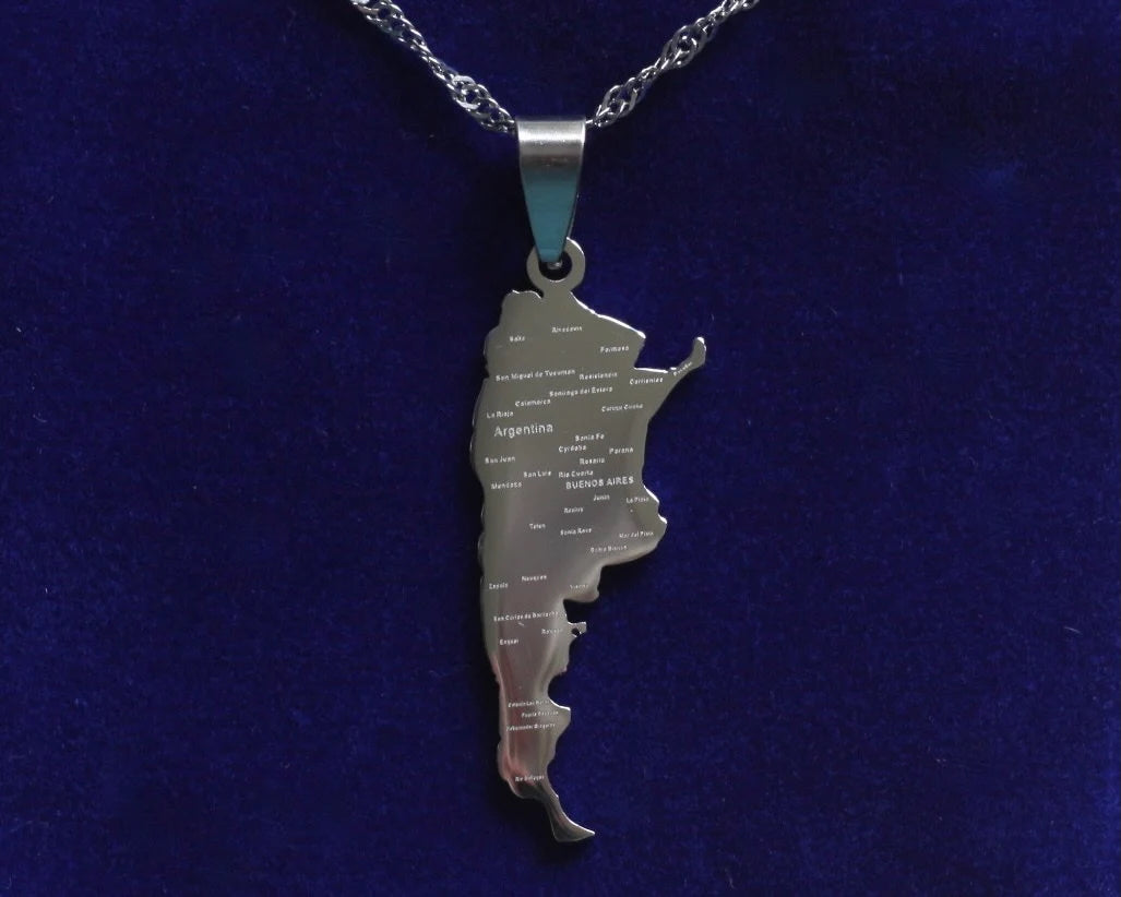 Argentina Map Pendant Necklace with Gift Pouch, Silver Stainless Steel