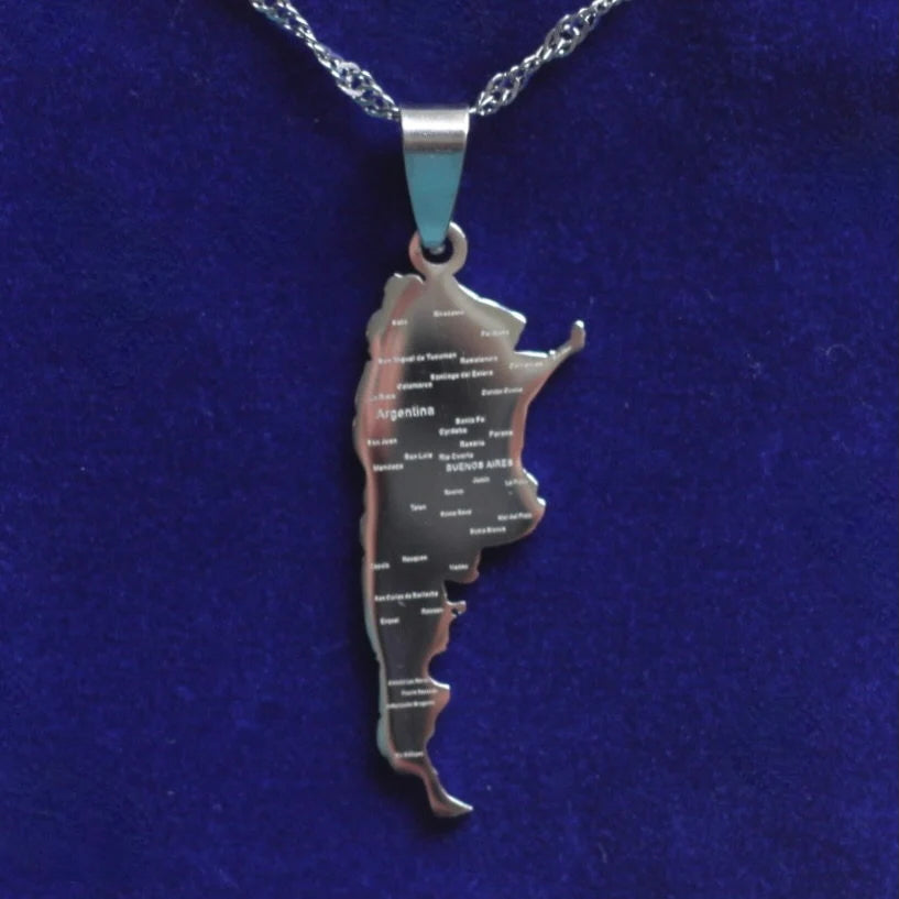 Argentina Map Pendant Necklace with Gift Pouch, Silver Stainless Steel