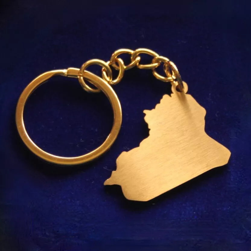 Iraq Flag Map Keyring with Gift Pouch, Enamelled Gold Stainless Steel Keychain
