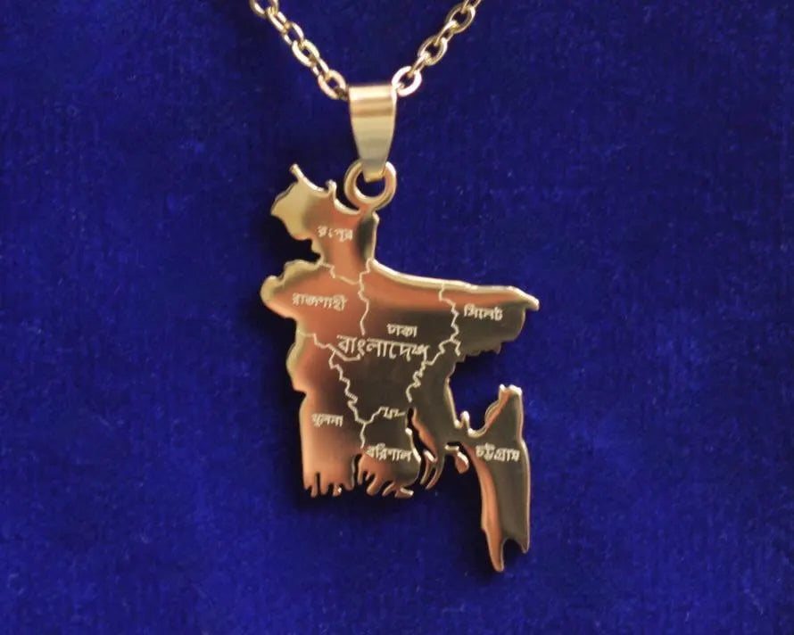 Bangladesh Map Pendant Necklace with Gift Pouch, Gold Stainless Steel