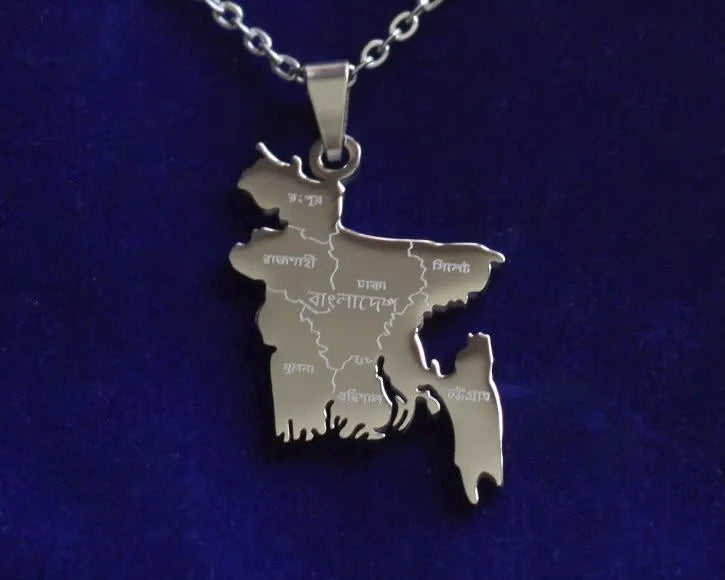 Bangladesh Map Pendant Necklace with Gift Pouch, Silver Stainless Steel