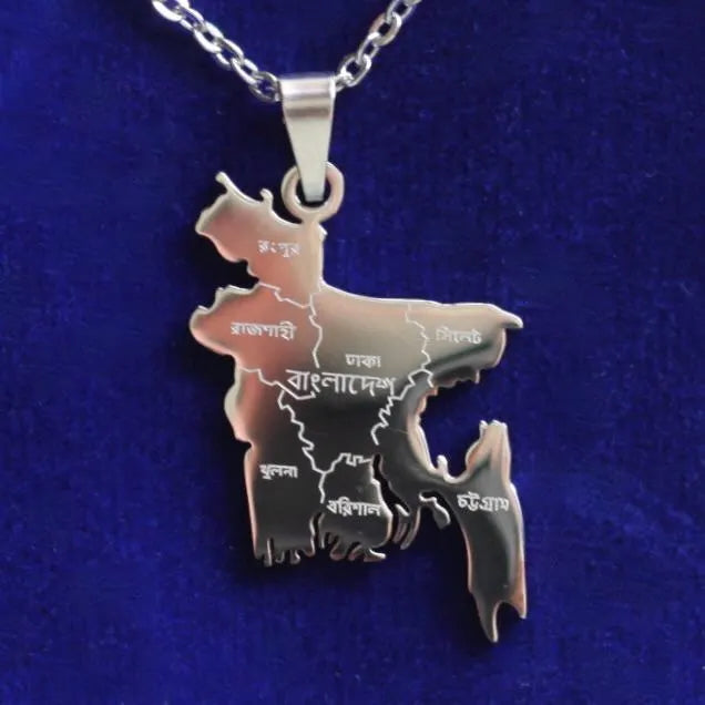 Bangladesh Map Pendant Necklace with Gift Pouch, Silver Stainless Steel