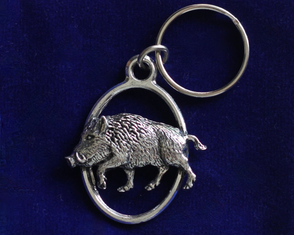 Wild Boar Keyring with Gift Pouch, Pewter, silver metal