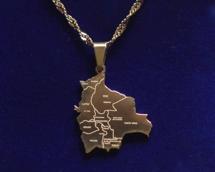 Bolivia Map Pendant Necklace with Gift Pouch, Gold Stainless Steel