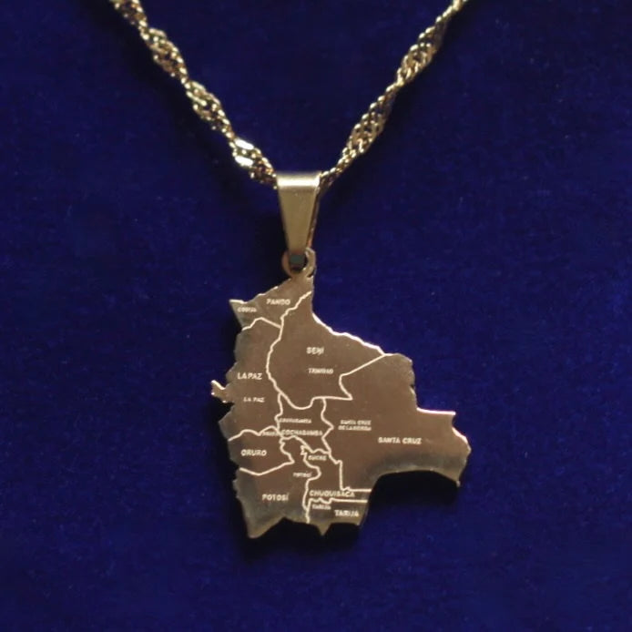Bolivia Map Pendant Necklace with Gift Pouch, Gold Stainless Steel