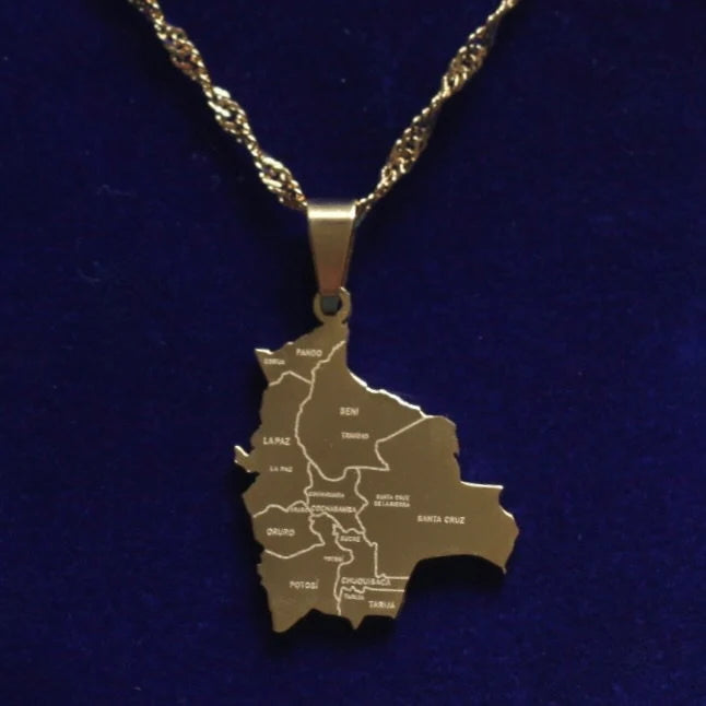 Bolivia Map Pendant Necklace with Gift Pouch, Gold Stainless Steel