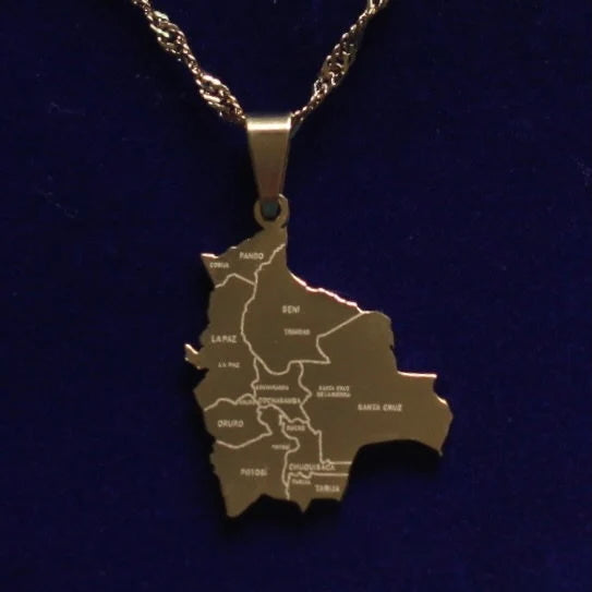 Bolivia Map Pendant Necklace with Gift Pouch, Gold Stainless Steel