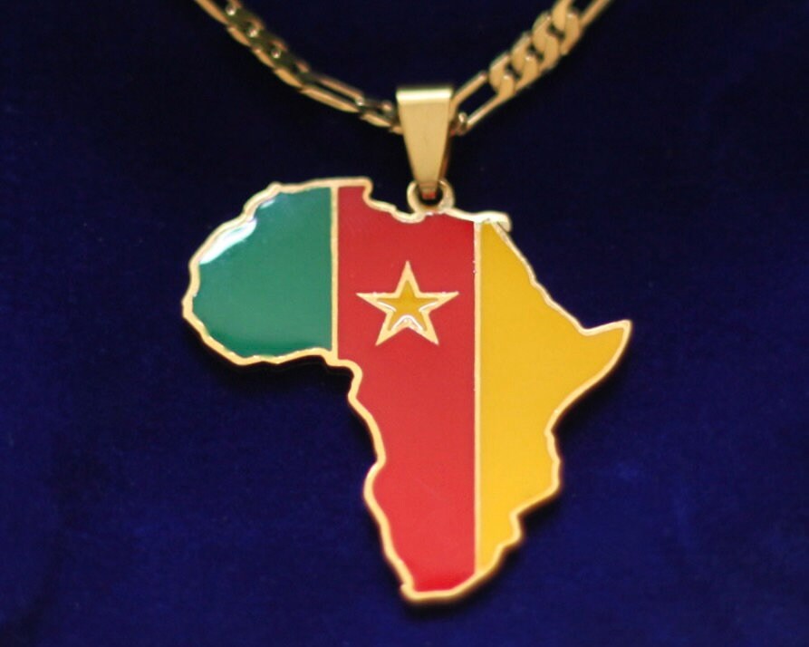 Cameroon Flag Pendant Necklace with Gift Pouch, Africa Map Gold Stainless Steel