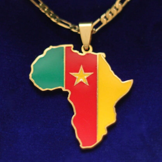 Cameroon Flag Pendant Necklace with Gift Pouch, Africa Map Gold Stainless Steel
