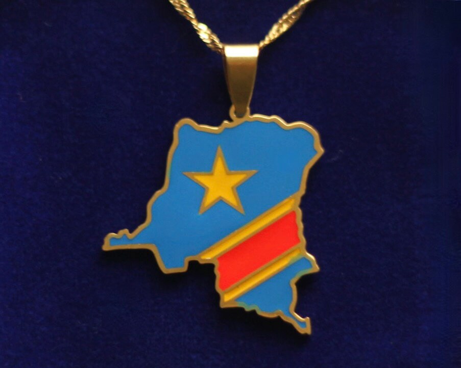 DRC Congo Pendant Necklace with Gift Pouch, Gold Stainless Steel