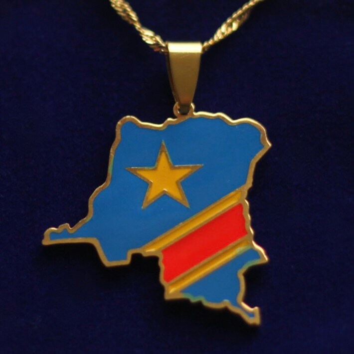 DRC Congo Pendant Necklace with Gift Pouch, Gold Stainless Steel