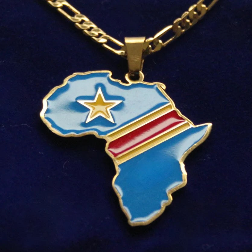 DRC Congo Flag Pendant Necklace with Gift Pouch, Africa Map Gold Stainless Steel