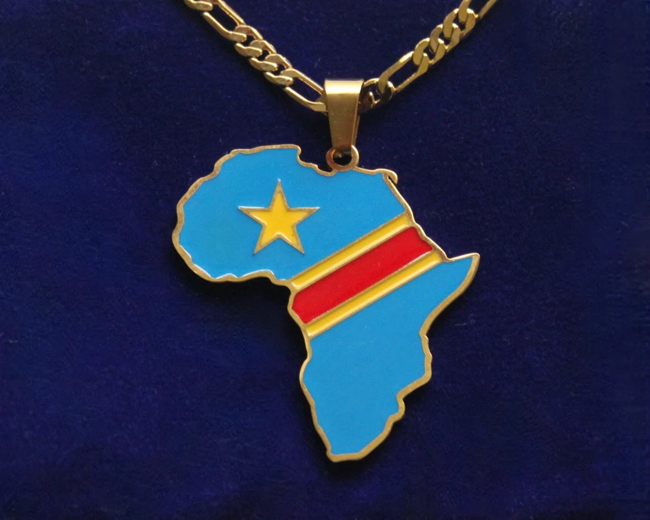 DRC Congo Flag Pendant Necklace with Gift Pouch, Africa Map Gold Stainless Steel