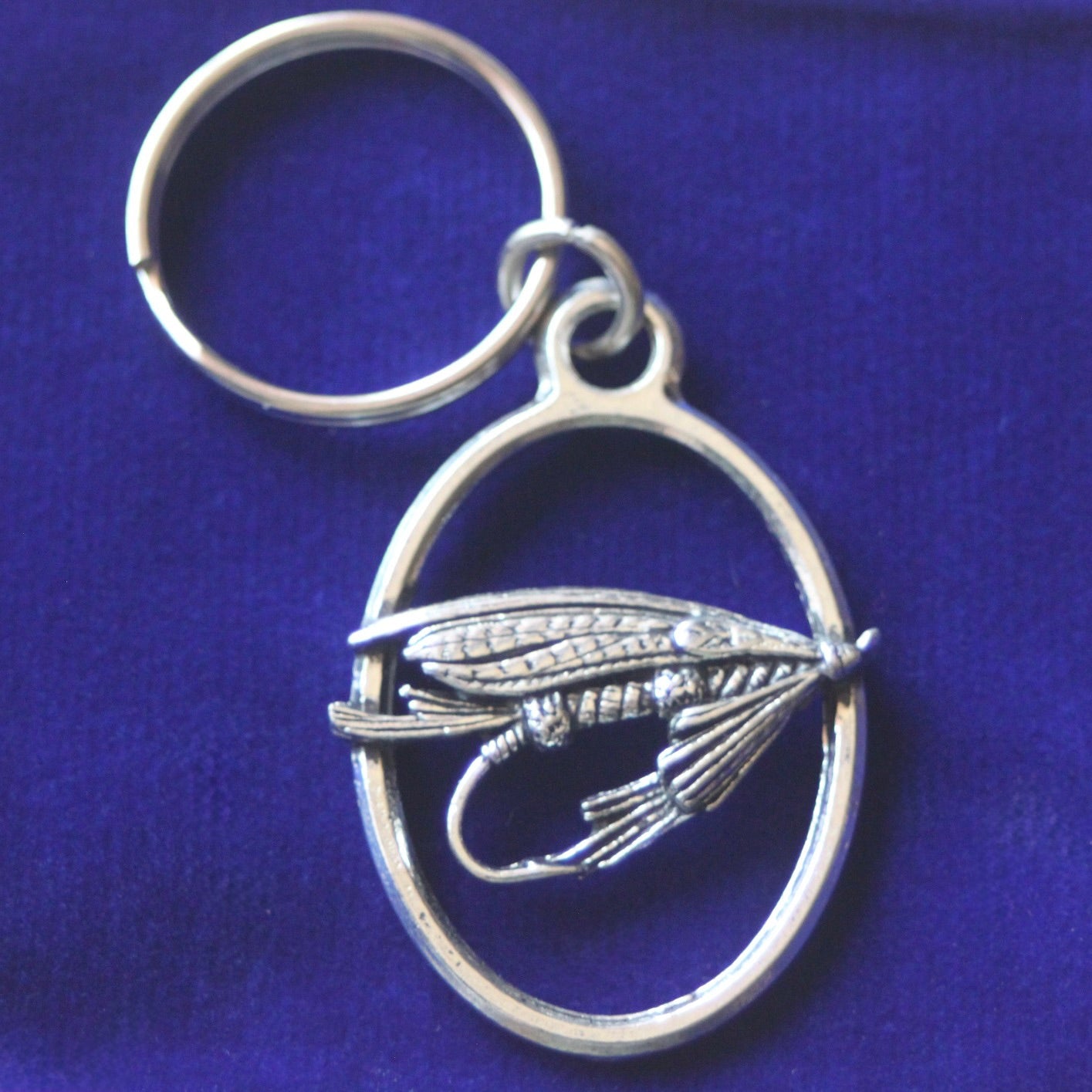 Fishing Fly Keyring with Gift Pouch, Pewter, silver metal