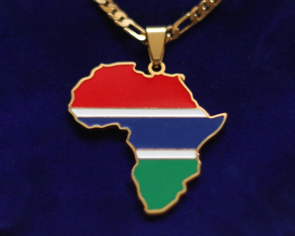 The Gambia Flag Pendant Necklace with Gift Pouch, Africa Map Gold Stainless Steel