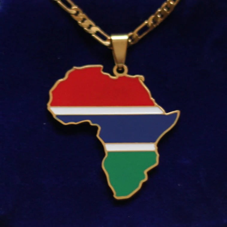 The Gambia Flag Pendant Necklace with Gift Pouch, Africa Map Gold Stainless Steel