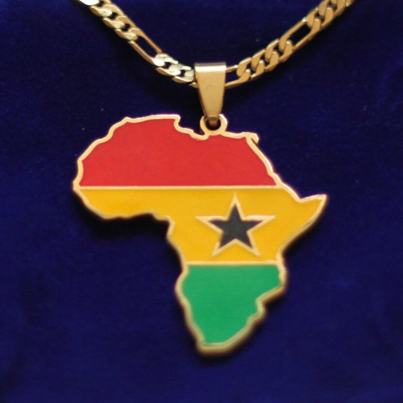 Ghana Flag Pendant Necklace with Gift Pouch, Africa Map Gold Stainless Steel