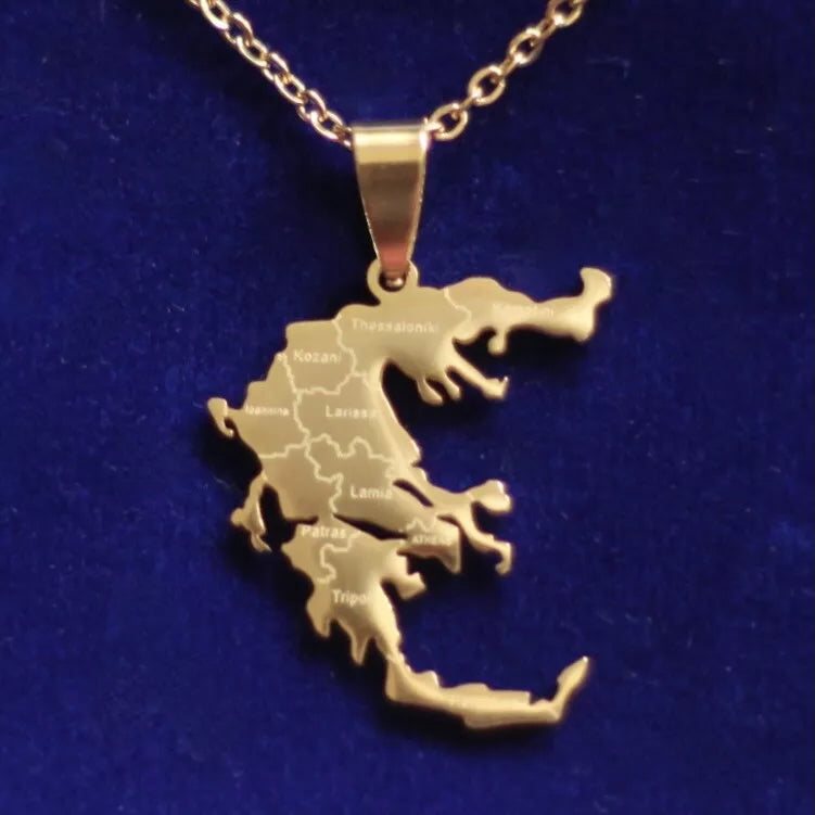 Greece Map Pendant Necklace with Gift Pouch, Gold Stainless Steel