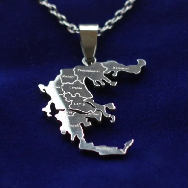 Greece Map Pendant Necklace with Gift Pouch, Silver Stainless Steel