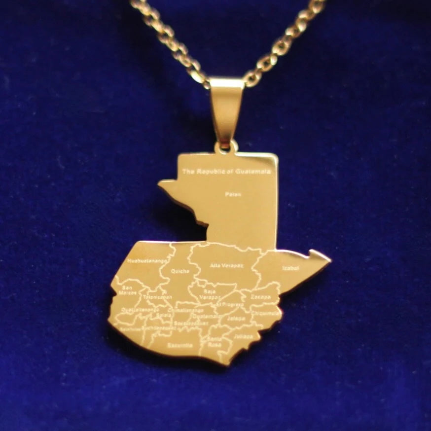 Guatemala Map Pendant Necklace with Gift Pouch, Gold Stainless Steel