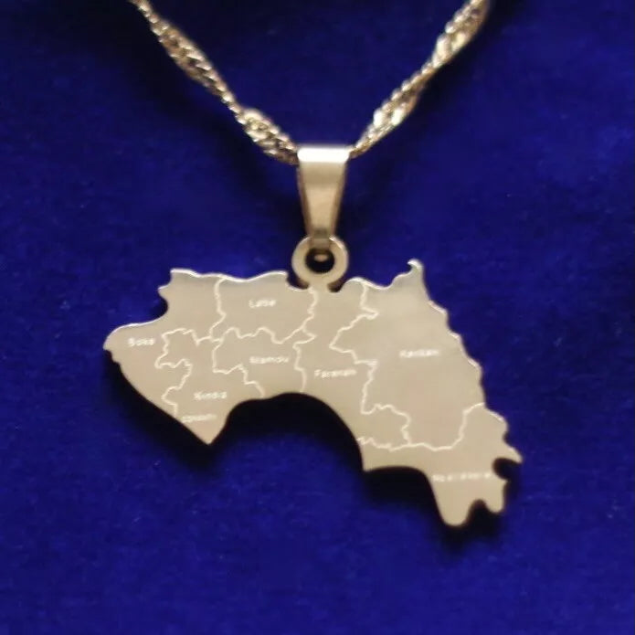 Republic of Guinea Map Pendant Necklace with Gift Pouch, Gold Stainless Steel