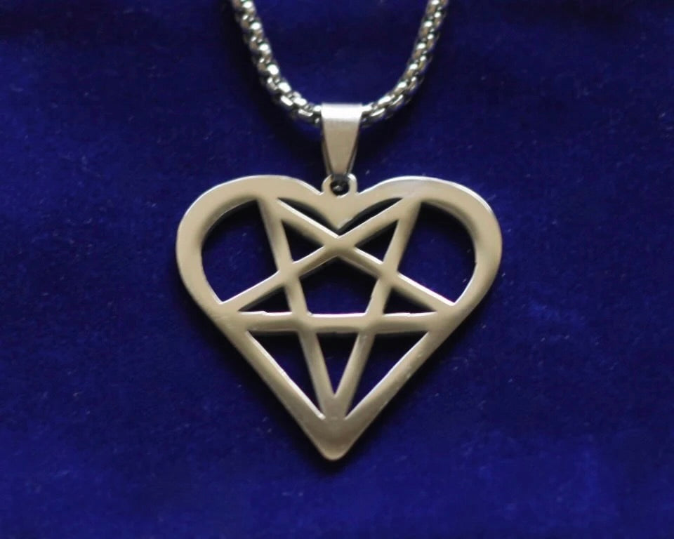 Pentagram Heart Pendant Necklace with Gift Pouch, Silver Stainless Steel