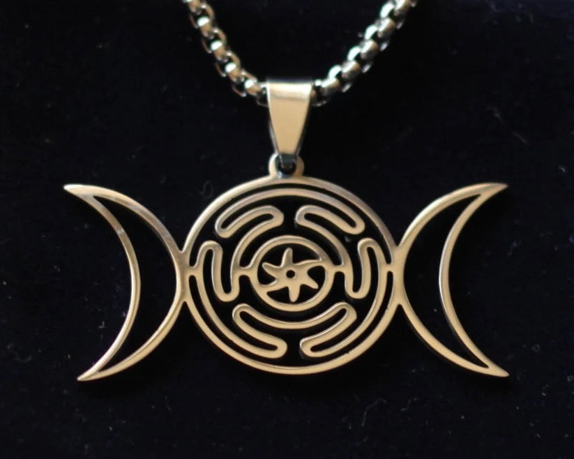 Triple Moon Hekate Wheel Pendant Necklace with Gift Pouch, Silver Stainless Steel