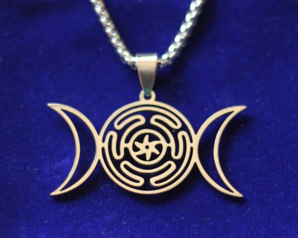 Triple Moon Hekate Wheel Pendant Necklace with Gift Pouch, Silver Stainless Steel