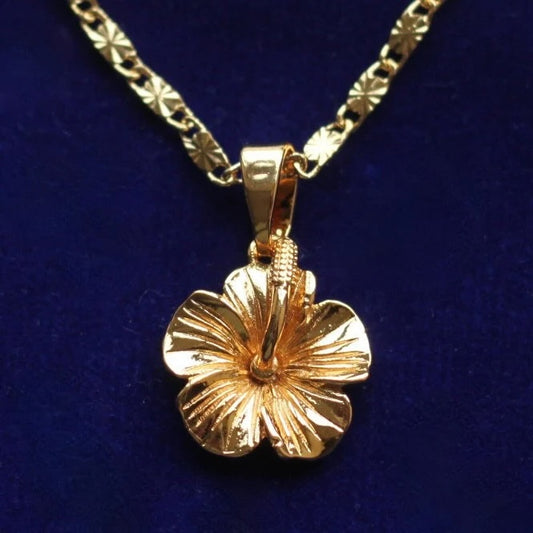 Small Hibiscus Flower Pendant Necklace with Gift Pouch, Gold Steel