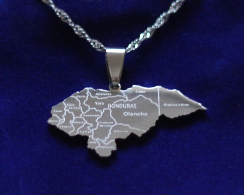Honduras Map Pendant Necklace with Gift Pouch, Silver Stainless Steel