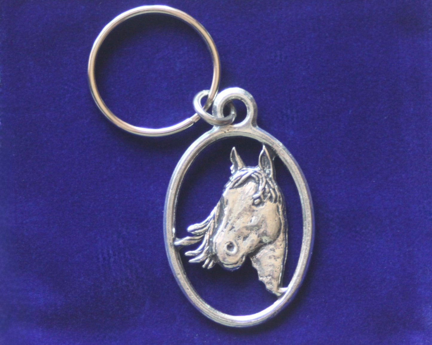 Horse Head Keyring with Gift Pouch, Pewter, silver metal
