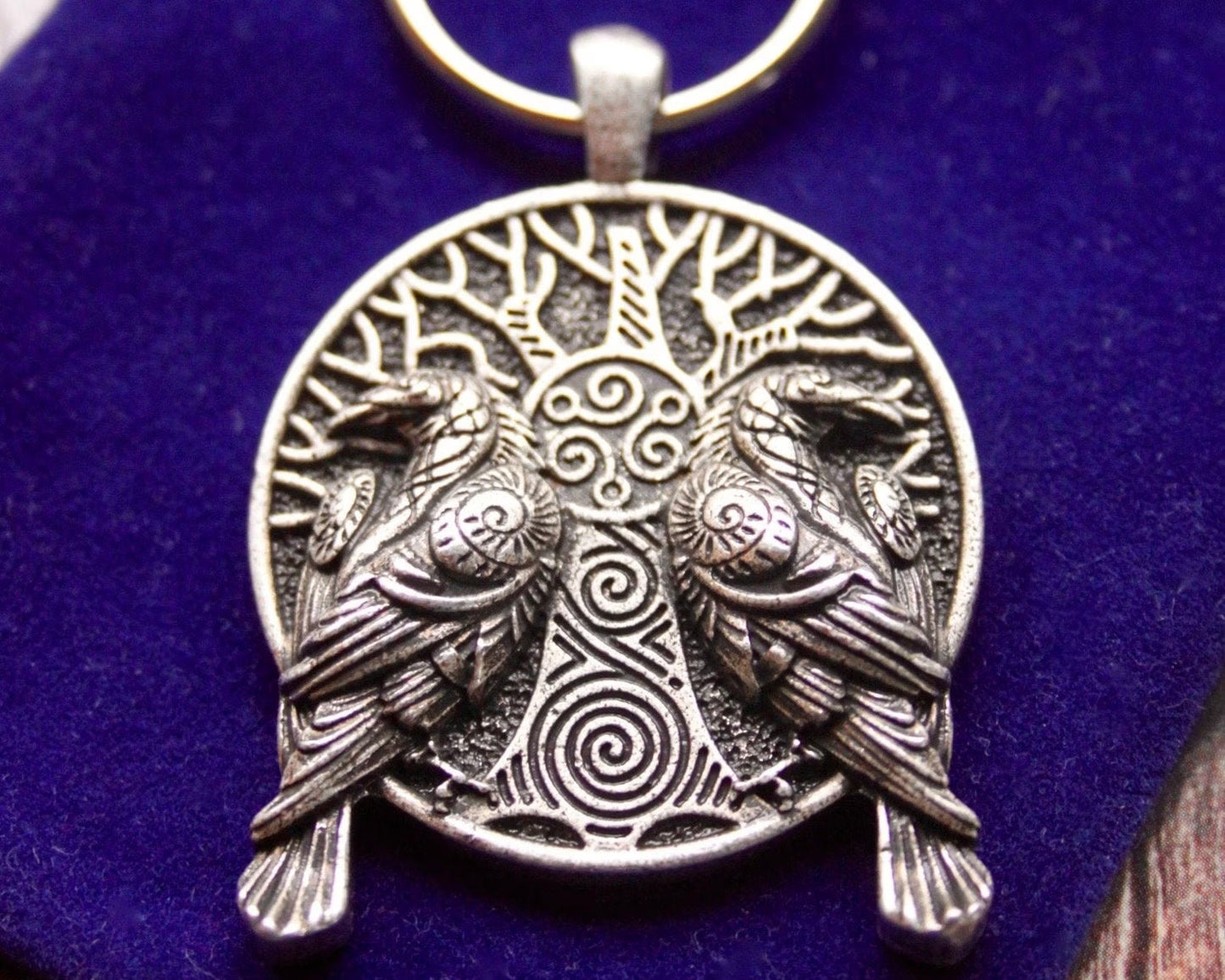 Viking Raven Pendant Keyring with Gift Pouch, Silver Metal Keychain