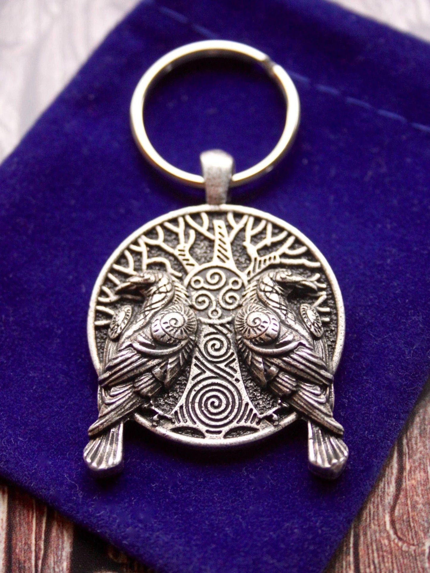 Viking Raven Pendant Keyring with Gift Pouch, Silver Metal Keychain